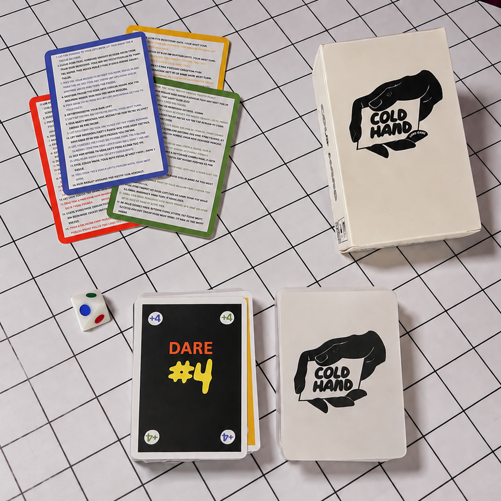 Cold Hand party card game with cards, dare cards, dare die, and game box